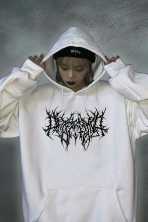 Oversized Y2K Goth Print Hoodie, Long Sleeve Embroidered Harajuku Pullover