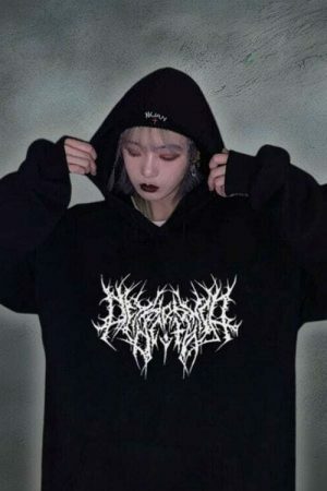 Oversized Y2K Goth Print Hoodie, Long Sleeve Embroidered Harajuku Pullover