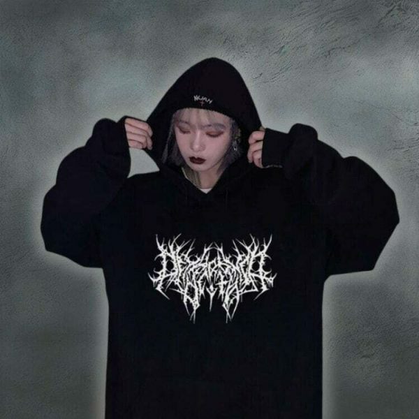 Oversized Y2K Goth Print Hoodie, Long Sleeve Embroidered Harajuku Pullover