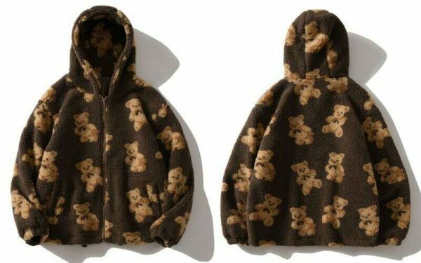 Oversized Y2K Harajuku Zip-Up Teddy Bear Hoodie - Streetwear Fashion