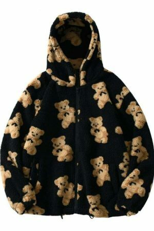 Oversized Y2K Harajuku Zip-Up Teddy Bear Hoodie - Streetwear Fashion