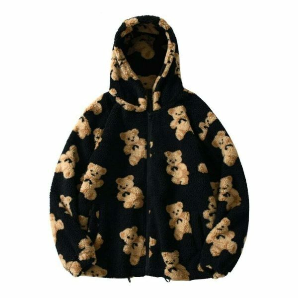 Oversized Y2K Harajuku Zip-Up Teddy Bear Hoodie - Streetwear Fashion