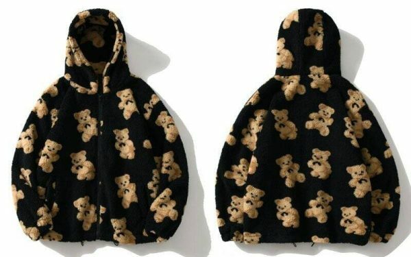 Oversized Y2K Harajuku Zip-Up Teddy Bear Hoodie - Streetwear Fashion