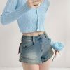 Pastel Blue Ribbed Knitted Cardigan with Closed Pearl Button V-Neck