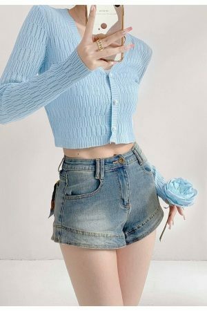 Pastel Blue Ribbed Knitted Cardigan with Closed Pearl Button V-Neck