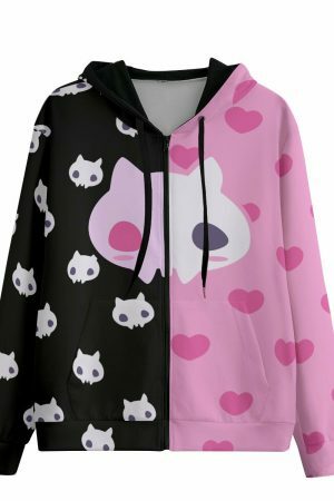 Pastel Goth Skully Cat Zip Up Hoodie - Y2K Aesthetic Streetwear