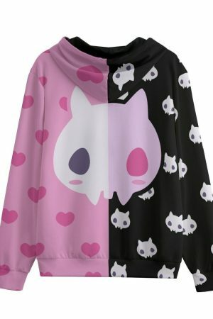 Pastel Goth Skully Cat Zip Up Hoodie - Y2K Aesthetic Streetwear