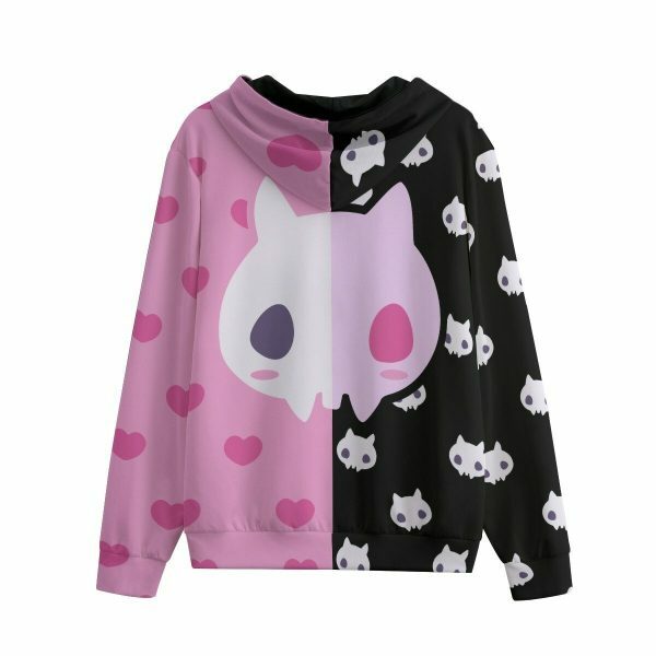 Pastel Goth Skully Cat Zip Up Hoodie - Y2K Aesthetic Streetwear