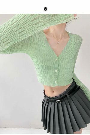 Pastel Green Ribbed Knitted Long Sleeve Cardigan with Closed Pearl Button V-Neck