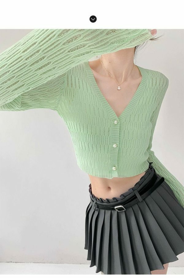 Pastel Green Ribbed Knitted Long Sleeve Cardigan with Closed Pearl Button V-Neck