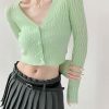 Pastel Green Ribbed Knitted Long Sleeve Cardigan with Closed Pearl Button V-Neck