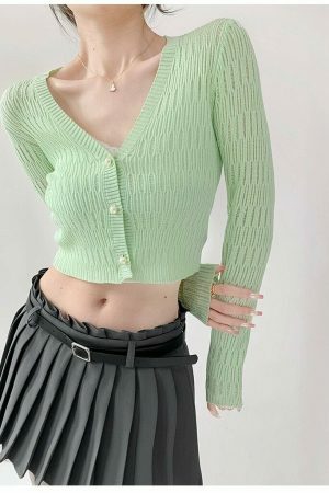 Pastel Green Ribbed Knitted Long Sleeve Cardigan with Closed Pearl Button V-Neck