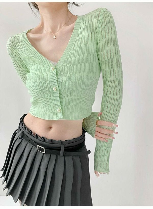 Pastel Green Ribbed Knitted Long Sleeve Cardigan with Closed Pearl Button V-Neck