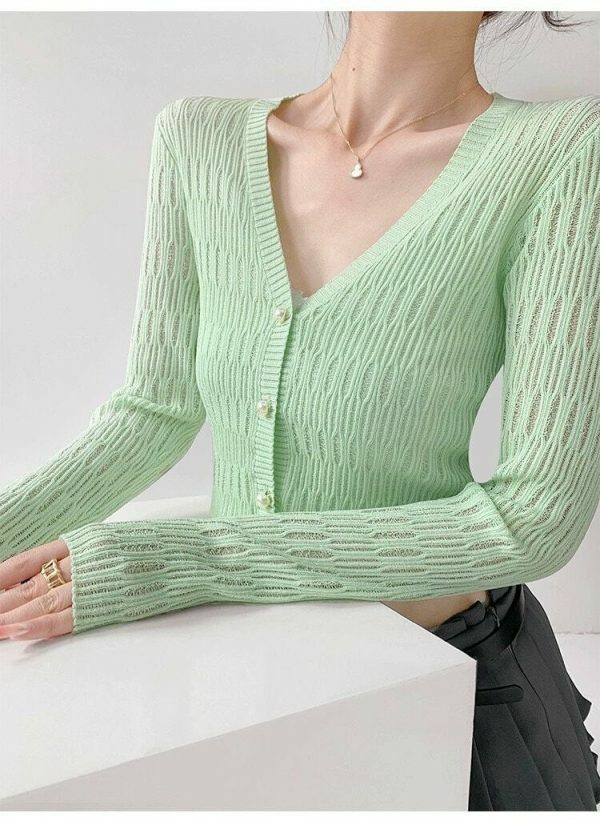 Pastel Green Ribbed Knitted Long Sleeve Cardigan with Closed Pearl Button V-Neck