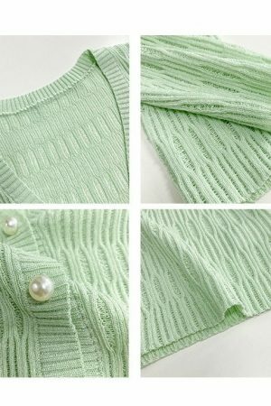 Pastel Green Ribbed Knitted Long Sleeve Cardigan with Closed Pearl Button V-Neck