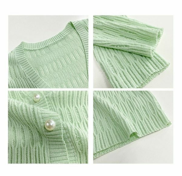 Pastel Green Ribbed Knitted Long Sleeve Cardigan with Closed Pearl Button V-Neck