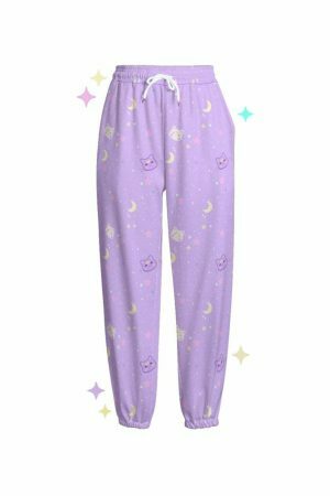 Pastel Kawaii Moon Cat Sweatpants - Y2K Streetwear Aesthetic