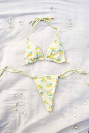 Pastel Yellow Floral Cheeky String Bikini for Women