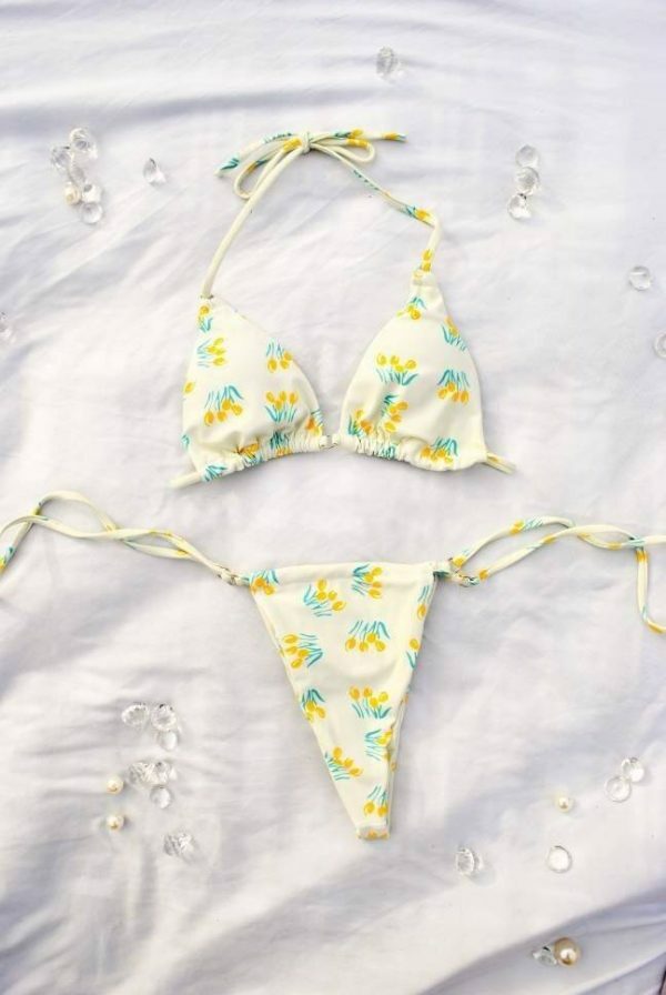 Pastel Yellow Floral Cheeky String Bikini for Women