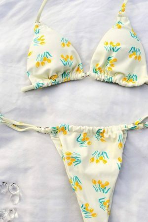 Pastel Yellow Floral Cheeky String Bikini for Women