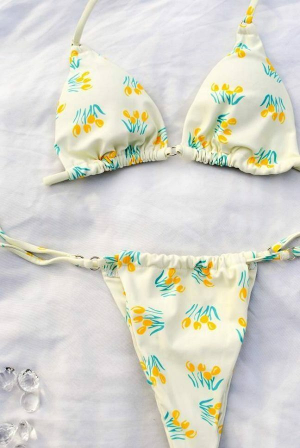 Pastel Yellow Floral Cheeky String Bikini for Women