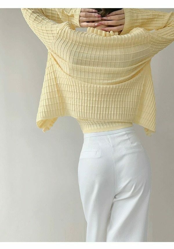 Pastel Yellow Knit Crop Cardigan Set - Y2K Streetwear Aesthetic