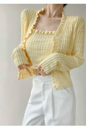 Pastel Yellow Knit Crop Cardigan Set - Y2K Streetwear Aesthetic