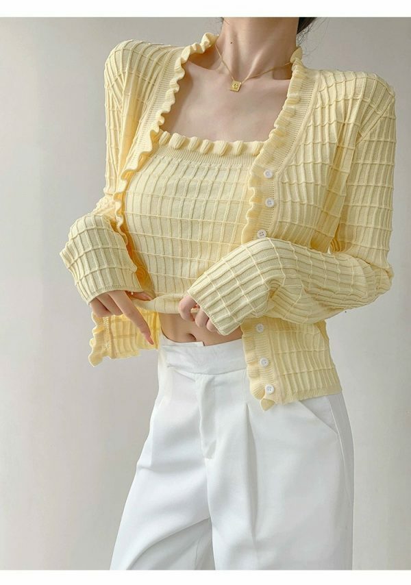 Pastel Yellow Knit Crop Cardigan Set - Y2K Streetwear Aesthetic