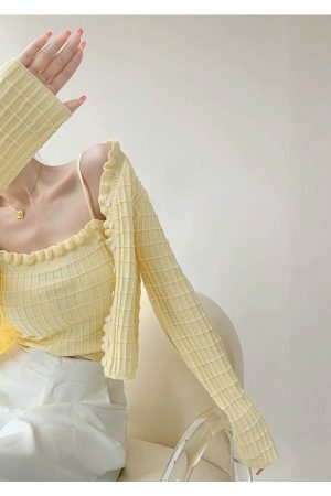 Pastel Yellow Knit Crop Cardigan Set - Y2K Streetwear Aesthetic