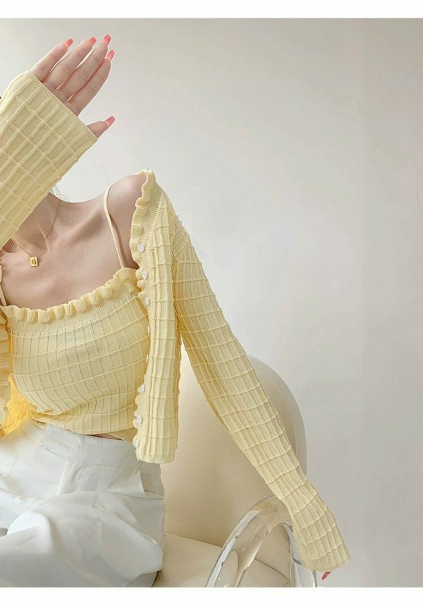 Pastel Yellow Knit Crop Cardigan Set - Y2K Streetwear Aesthetic