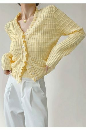 Pastel Yellow Knit Crop Cardigan Set - Y2K Streetwear Aesthetic