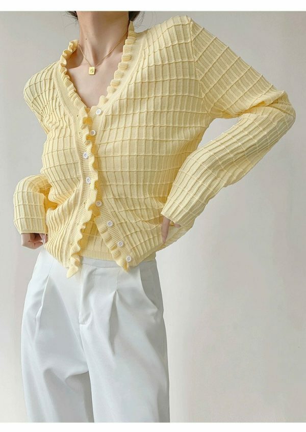 Pastel Yellow Knit Crop Cardigan Set - Y2K Streetwear Aesthetic