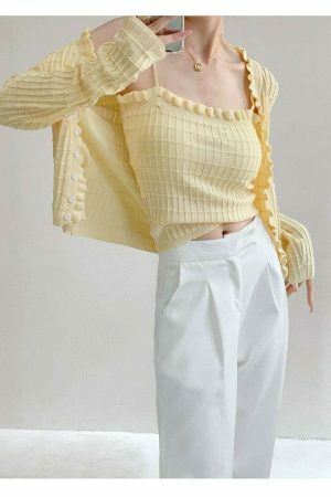 Pastel Yellow Knit Crop Cardigan Set - Y2K Streetwear Aesthetic