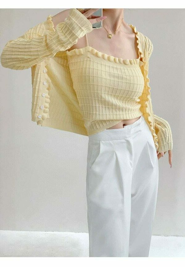 Pastel Yellow Knit Crop Cardigan Set - Y2K Streetwear Aesthetic