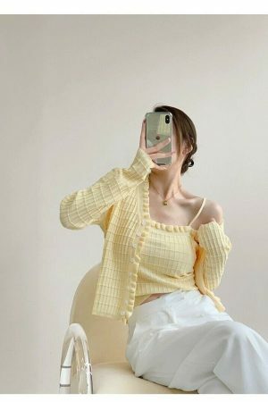 Pastel Yellow Knit Crop Cardigan Set - Y2K Streetwear Aesthetic