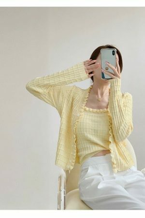 Pastel Yellow Knit Crop Cardigan Set - Y2K Streetwear Aesthetic