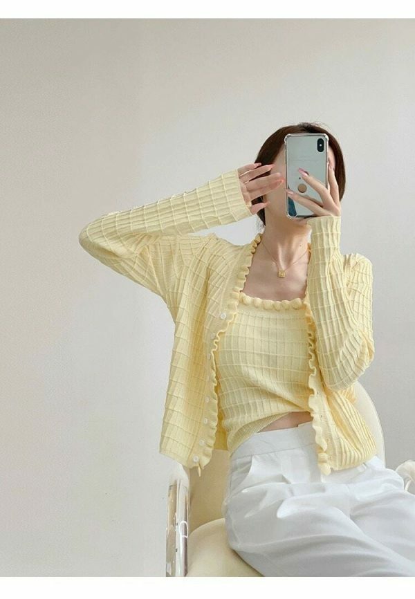 Pastel Yellow Knit Crop Cardigan Set - Y2K Streetwear Aesthetic