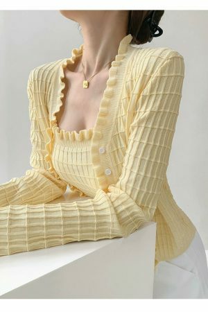 Pastel Yellow Knit Crop Cardigan Set - Y2K Streetwear Aesthetic