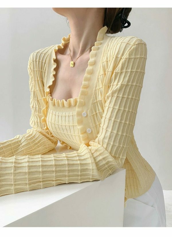 Pastel Yellow Knit Crop Cardigan Set - Y2K Streetwear Aesthetic