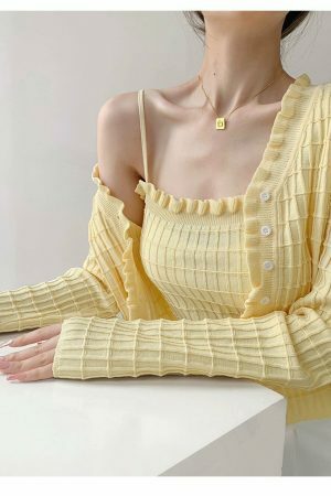 Pastel Yellow Knit Crop Cardigan Set - Y2K Streetwear Aesthetic