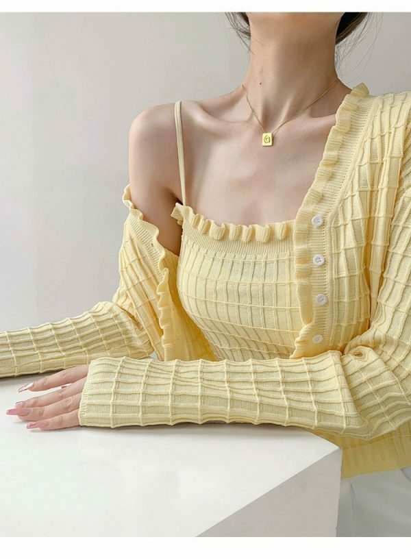 Pastel Yellow Knit Crop Cardigan Set - Y2K Streetwear Aesthetic