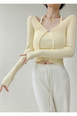 Pastel Yellow Ribbed Knit Crop Cardigan Set with Halter Strap Cami Top - Y2K Streetwear Aesthetic