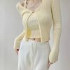 Pastel Yellow Ribbed Knit Crop Cardigan Set with Halter Strap Cami Top - Y2K Streetwear Aesthetic