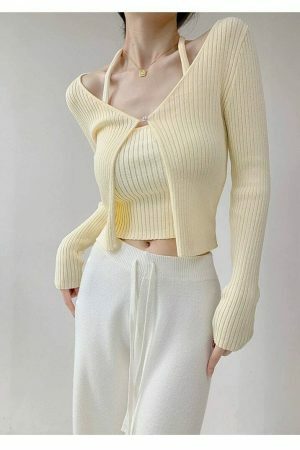 Pastel Yellow Ribbed Knit Crop Cardigan Set with Halter Strap Cami Top - Y2K Streetwear Aesthetic