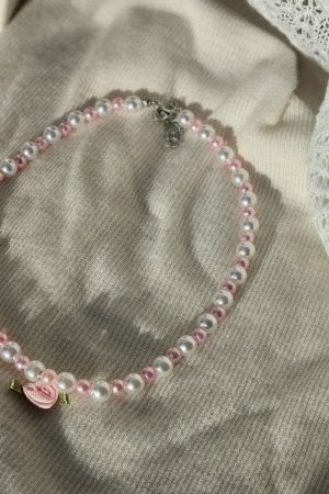 Pearl Rose Choker Necklace, Handmade Beaded Streetwear Jewelry