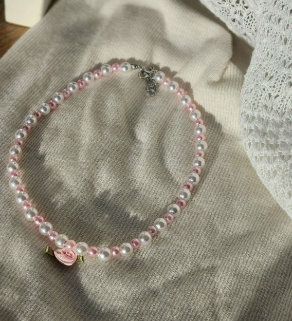 Pearl Rose Choker Necklace, Handmade Beaded Streetwear Jewelry