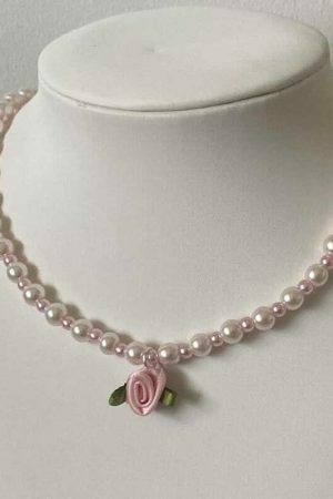 Pearl Rose Choker Necklace, Handmade Beaded Streetwear Jewelry