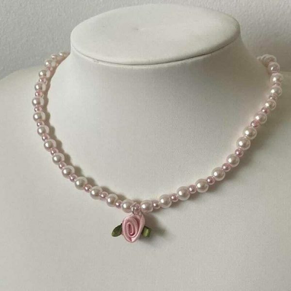 Pearl Rose Choker Necklace, Handmade Beaded Streetwear Jewelry