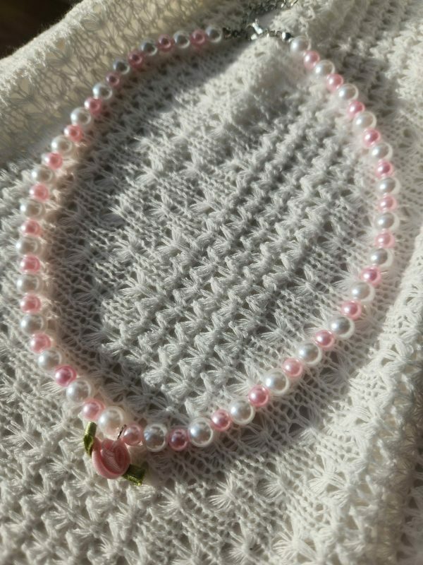 Pearl Rose Choker Necklace, Handmade Beaded Streetwear Jewelry