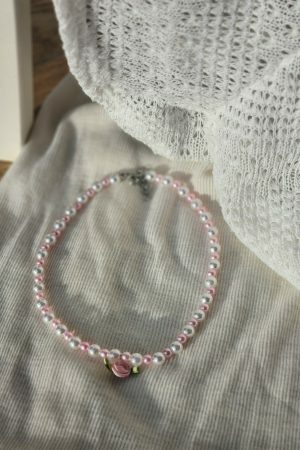 Pearl Rose Choker Necklace, Handmade Beaded Streetwear Jewelry